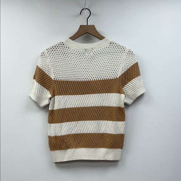 Anthropologie Maeve Open Stitch Striped Crewneck Pullover Sweater White Medium - Picture 5 of 7